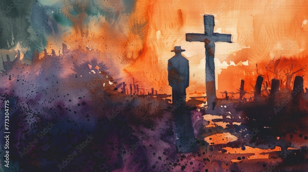 Watercolor artwork of a man in silent prayer before a cross, hues of dawn painting the scene