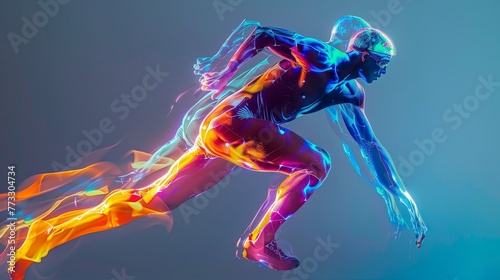 A man is running in a colorful, abstract style. The image is vibrant and energetic, with a sense of motion and speed. The colors and shapes of the man's body suggest a dynamic and powerful movement