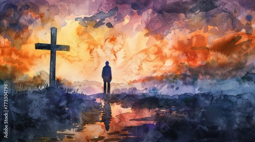 Watercolor artwork of a man in silent prayer before a cross, hues of dawn painting the scene