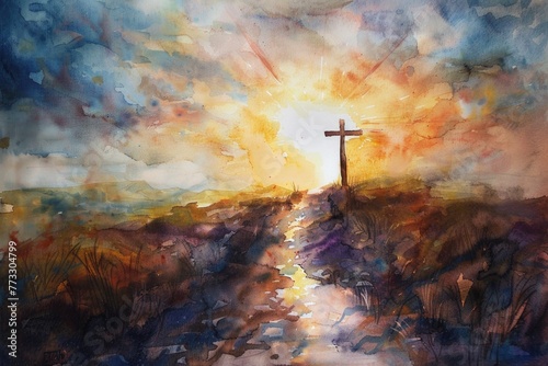 Watercolor art of Jesuss steadfast journey with the cross, a path lit by heavenly light photo