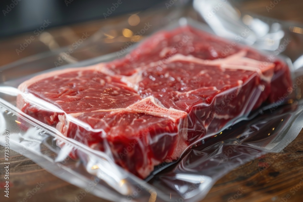 Fresh red raw beef ribeye steak sealed in transparent plastic vacuum pack
