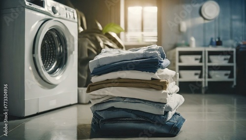 Stack of clothes in front of a washing machine in the laundry room. Clean concept 