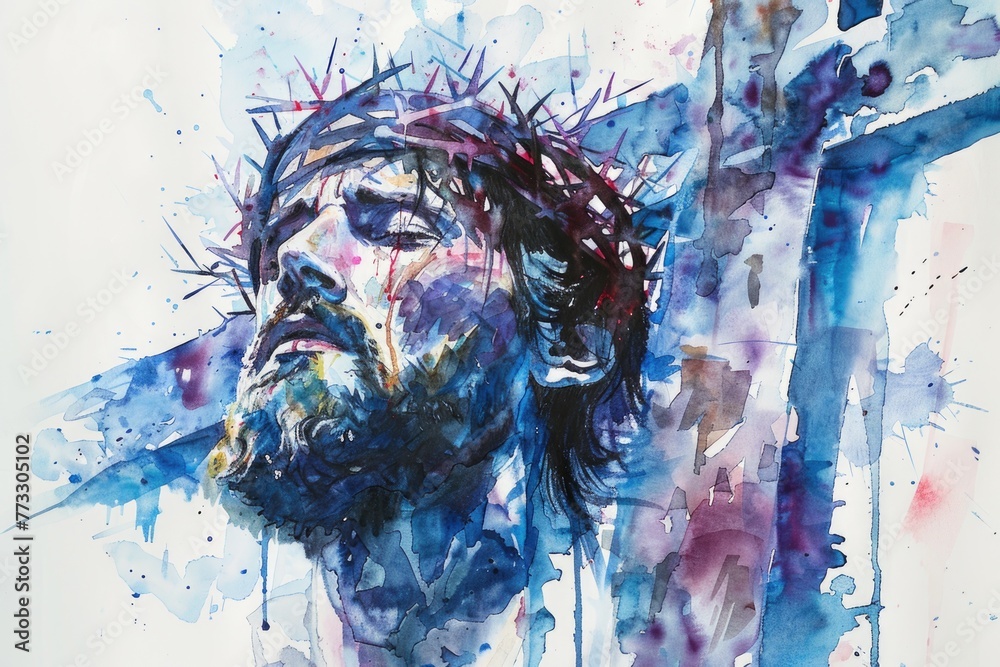 Jesus at Golgotha with the cross, depicted in poignant watercolor ...