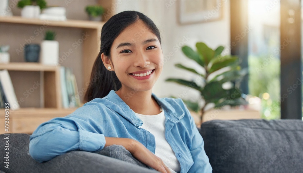Woman, smile and portrait for relax and happy in home or indoor on weekend and alone on break and joy. Young person and attractive for peace, rest or chill in living room or house on sofa on mockup Woman, smile and portrait for relax and happy in home or indoor on weekend and alone on break and joy. Young person and attractive for peace, rest or chill in living room or house on sofa on mockup