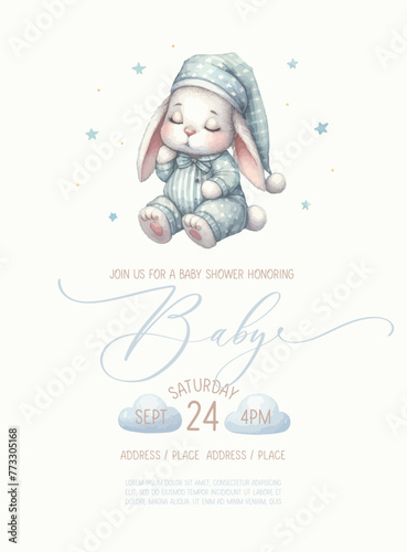 Cute baby shower watercolor invitation card with sleeping bunny.