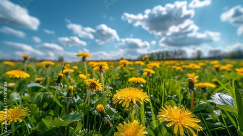 Yellow dandelions on a sunny meadow in springtime.