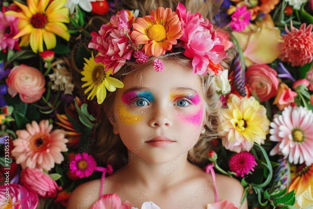 full body beautiful kid with colourful makeup surrounded by flowers full body beautiful kid with colourful makeup surrounded by flowers