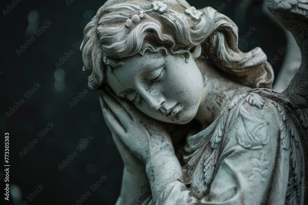 funeral background, beautiful angel sculpture on black background with copy space