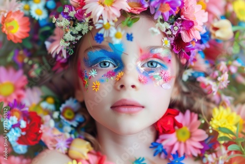 full body beautiful kid with colourful makeup surrounded by flowers