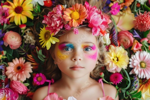 full body beautiful kid with colourful makeup surrounded by flowers © Anna