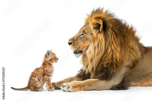 full body lion looking at a little kitten Isolated on white background