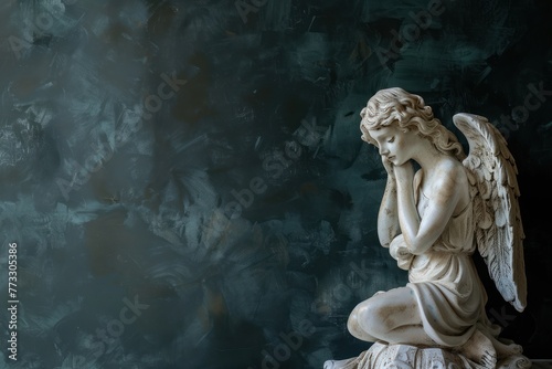 funeral background, beautiful angel sculpture on black background with copy space © Anna
