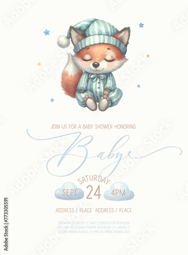 Cute baby shower watercolor invitation card with sleeping fox.