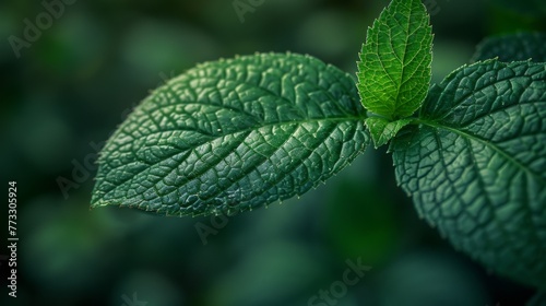 Close up of fresh mint leaf , green background