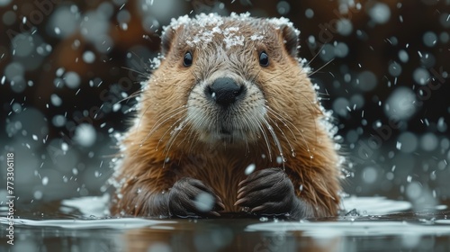  A close-up of a groundhog submerged in water with snow covering its surface