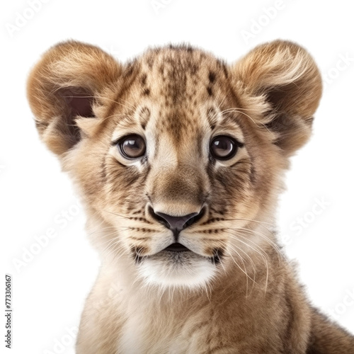 A portrait of a cute baby lion isolated on a transparent background