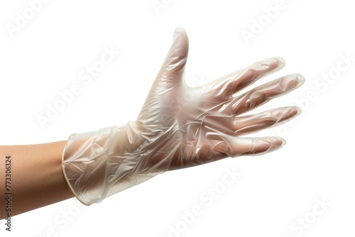 hand in disposable transparent glove isolated on white photo
