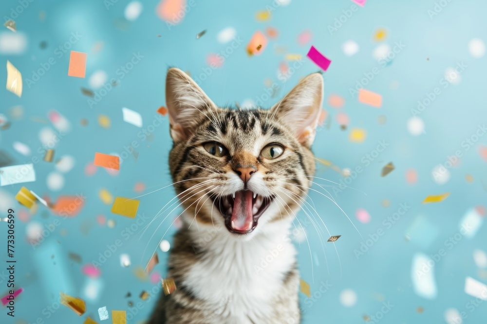 happy cat with a bow on a light blue background with confetti