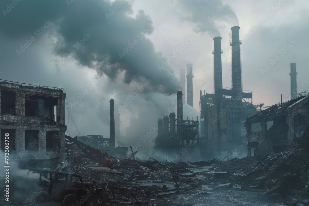 destroyed factory with smoke from chimneys