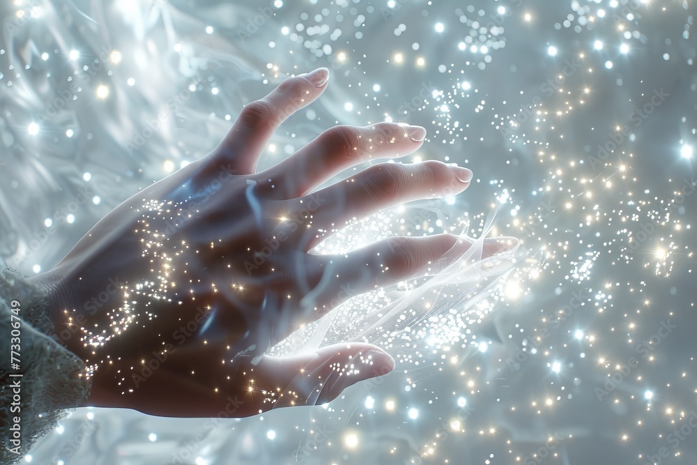 Hand releasing a cascade of sparkling lights, symbolizing magic, hope, and creativity Hand releasing a cascade of sparkling lights, symbolizing magic, hope, and creativity