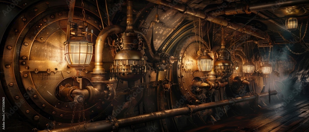 Steampunk submarine interior, Victorian elegance, gears and pipes, dimly lit by oil lamps