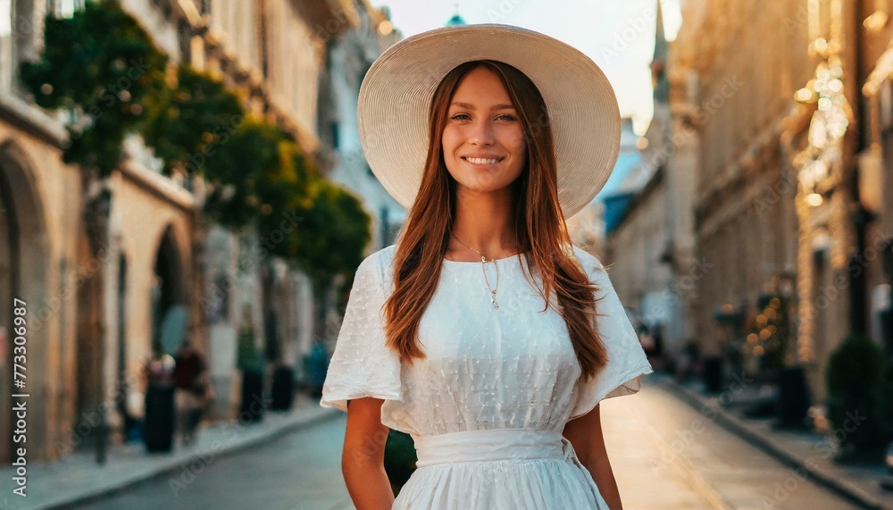Stylish Woman in Chic White Dress and Wide-Brimmed Hat Posing on a Sunny Urban Street. Summer Fashion Elegance