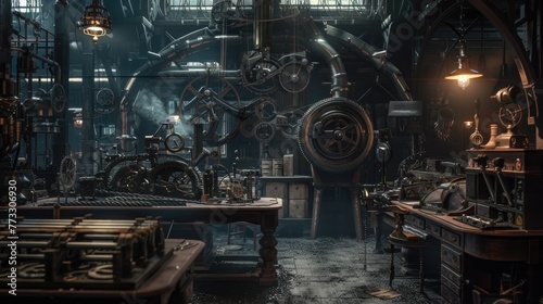 Moody lit workshop, Victorian era, with intricate gear mechanisms and a humming steam engine