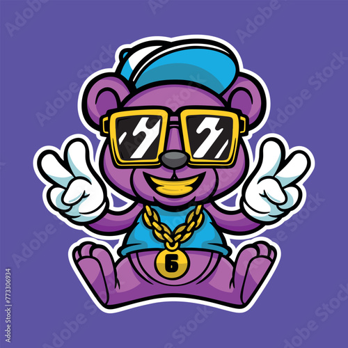 Cute cartoon bear wearing a cap, fashionable glasses and a gold chain. vector illustration on blue background