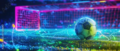 Soccer ball on the pitch, nanocoated for enhanced performance, goal awaiting in neonlit splendor photo