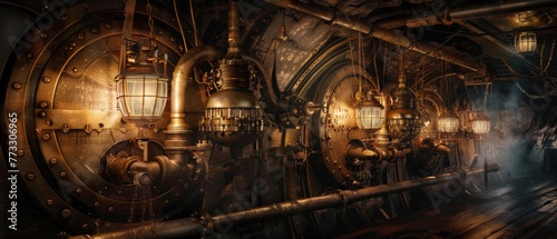 Steampunk submarine interior, Victorian elegance, gears and pipes, dimly lit by oil lamps