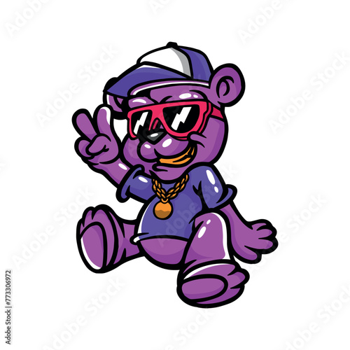 Cute cartoon bear wearing a cap  fashionable glasses and a gold chain. vector illustration