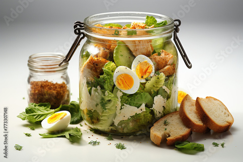Caesar salad with croutons, parmesan, and boiled egg in a glass jar, ready.