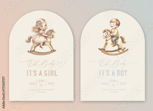 Cute arch baby shower watercolor invitation card for new born celebration with boy and girl on a toy rocking horse with balloons.