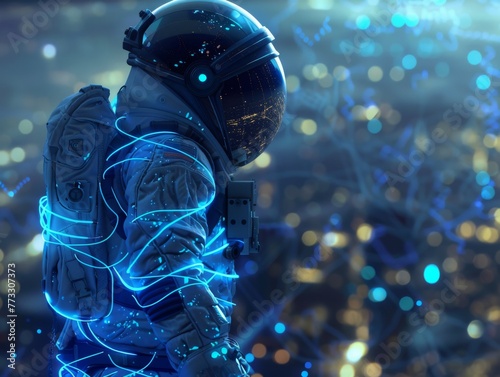 An astronaut, his body shimmering with a network of blue energy lines, stands at the edge of a technologically advanced city on a distant planet