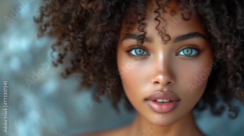  blue eyes, curly Afro hairstyle