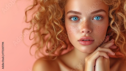  A tight shot of a woman's face showcasing freckles scattered across it, with one prominent freckle gracing her left cheek