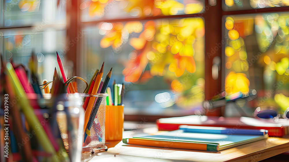 Cozy autumn classroom, sunlight on desks, colorful school supplies, space for text, vibrant, welcoming Cozy autumn classroom, sunlight on desks, colorful school supplies, space for text, vibrant, welcoming