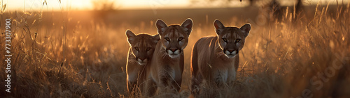 Puma family in the savanna with setting sun shining. Group of wild animals in nature. photo