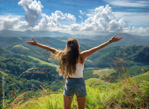 Freedom girl with raised wide open hands up on a background of mountains.
