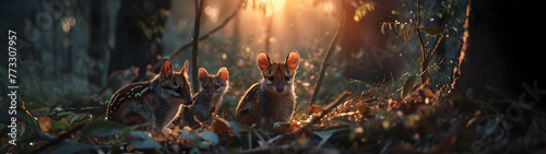 Quoll family in the forest with setting sun shining. Group of wild animals in nature. Horizontal, banner. © linda_vostrovska