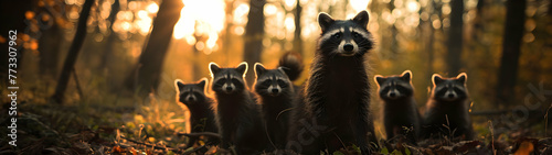 Racoon dog family in the forest with setting sun shining. Group of wild animals in nature. Horizontal, banner.