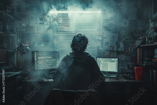 Rear view of hacker male figure using personal computer or laptop in a dimly lit room. Encrypted networks, hidden servers and darknet concept