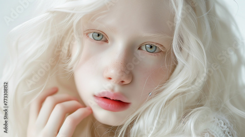 Beauty albino girl facing with white hair and blue eyes looking at the camera