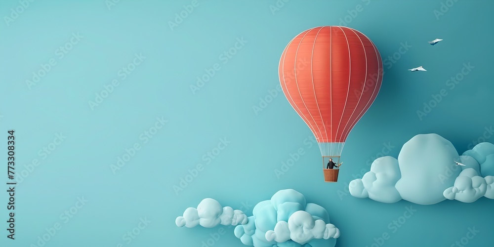 Fototapeta premium Boss Character in Hot Air Balloon Rising Above Challenges Floating Above the Firm with Copy Space