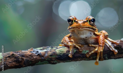 Macro shot of Rana arvalis perched on a branch
