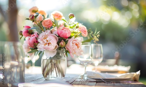 Peonies arranged in a mason jar vase for a rustic chic centerpiece © TheoTheWizard