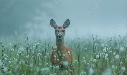 Fallow deer in a foggy field with dry grass and wild flowers