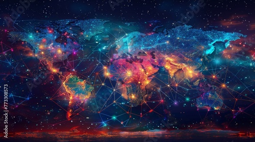 A digital composite of a world map connected by glowing lines, portraying the idea of a networked, globalized planet photo