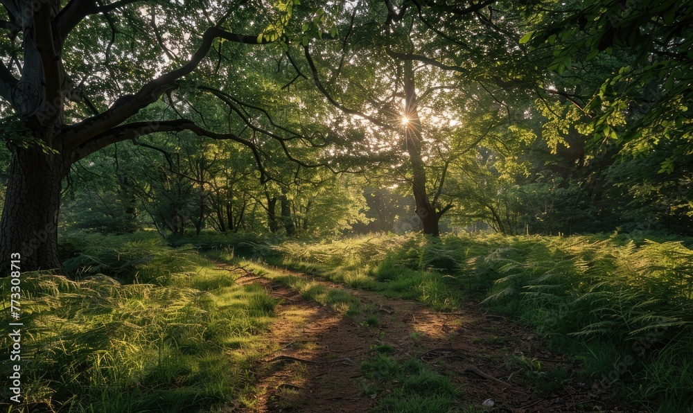Naklejka premium Road in spring forest, nature background.