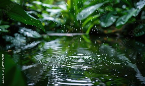 Raindrops falling into a tranquil pond surrounded by lush vegetation